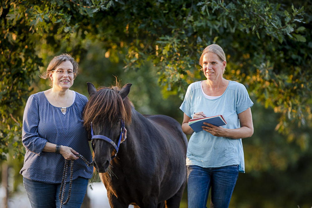 Corinne Spickmann im pferdegestützten Coaching mit Kundin und Dimmi