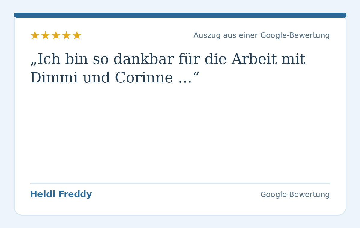 Wörtlicher Auszug aus der Google-Bewertung von Heidi Freddy zum pferdegestützten Coaching mit Corinne Spickmann und Dimmi.