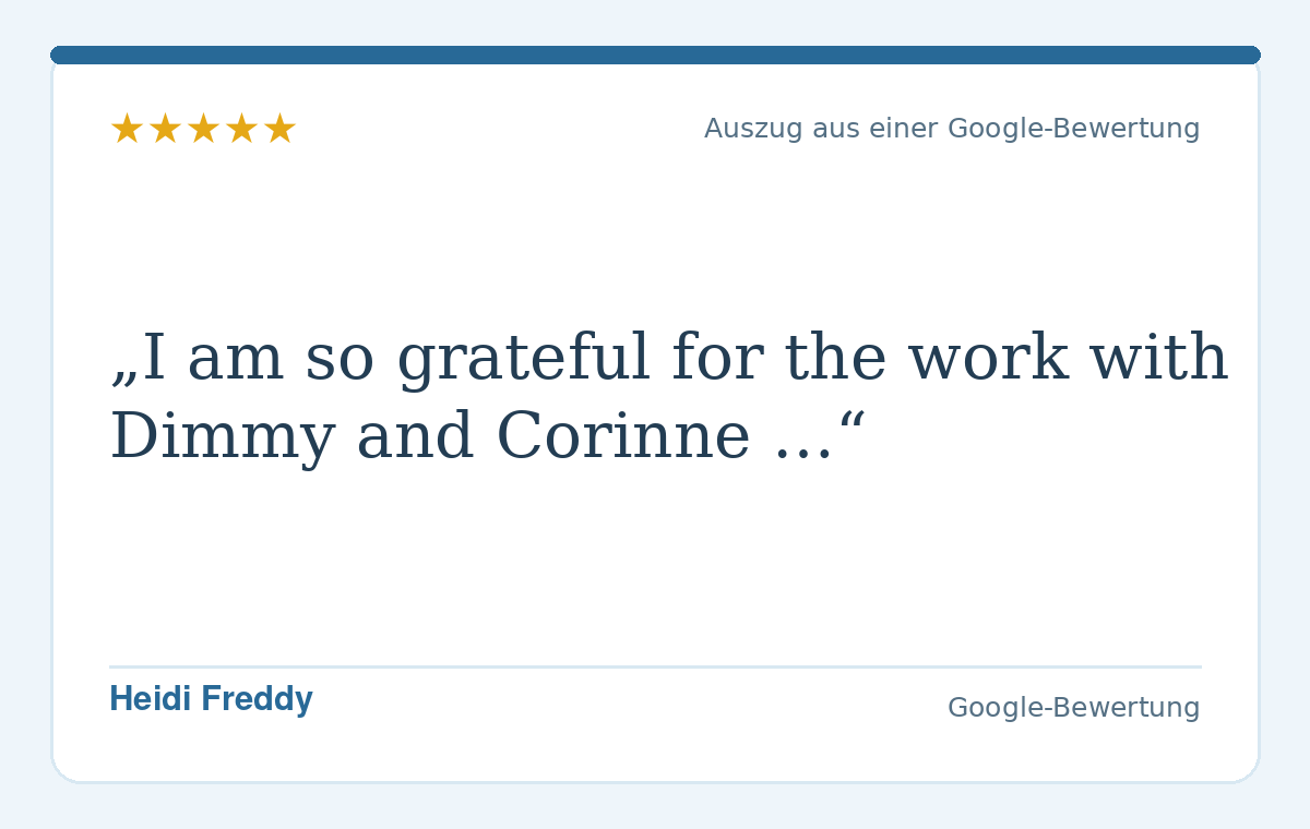 Wörtlicher Auszug aus der Google-Bewertung von Heidi Freddy zum pferdegestützten Coaching mit Corinne Spickmann und Dimmi.