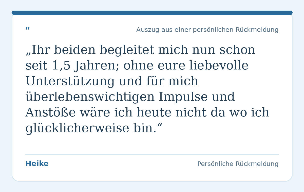Wörtlicher Auszug aus einer persönlichen Rückmeldung von Heike zum pferdegestützten Coaching mit Corinne Spickmann und Dimmi.
