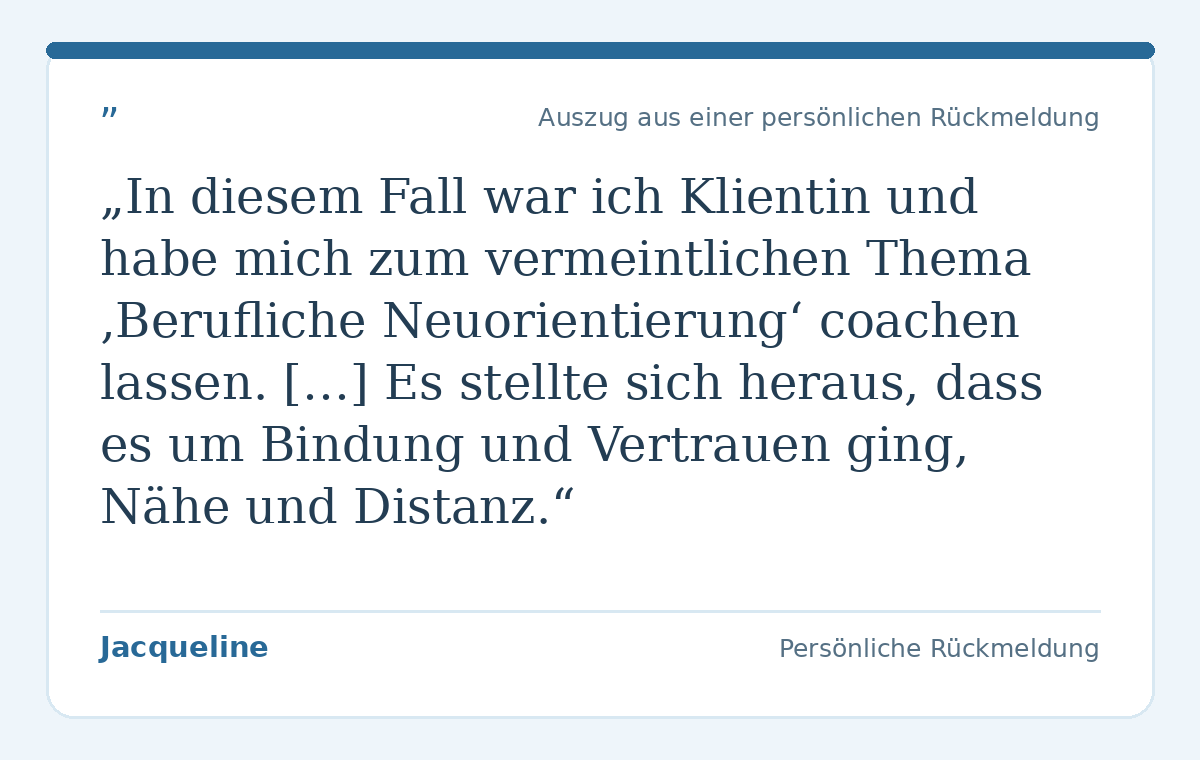 Wörtlicher Auszug aus einer persönlichen Rückmeldung von Jacqueline zum pferdegestützten Coaching mit Corinne Spickmann und Dimmi.