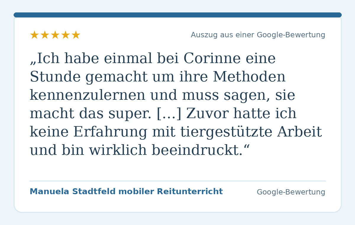 Wörtlicher Auszug aus der Google-Bewertung von Manuela Stadtfeld zum pferdegestützten Coaching mit Corinne Spickmann und Dimmi.